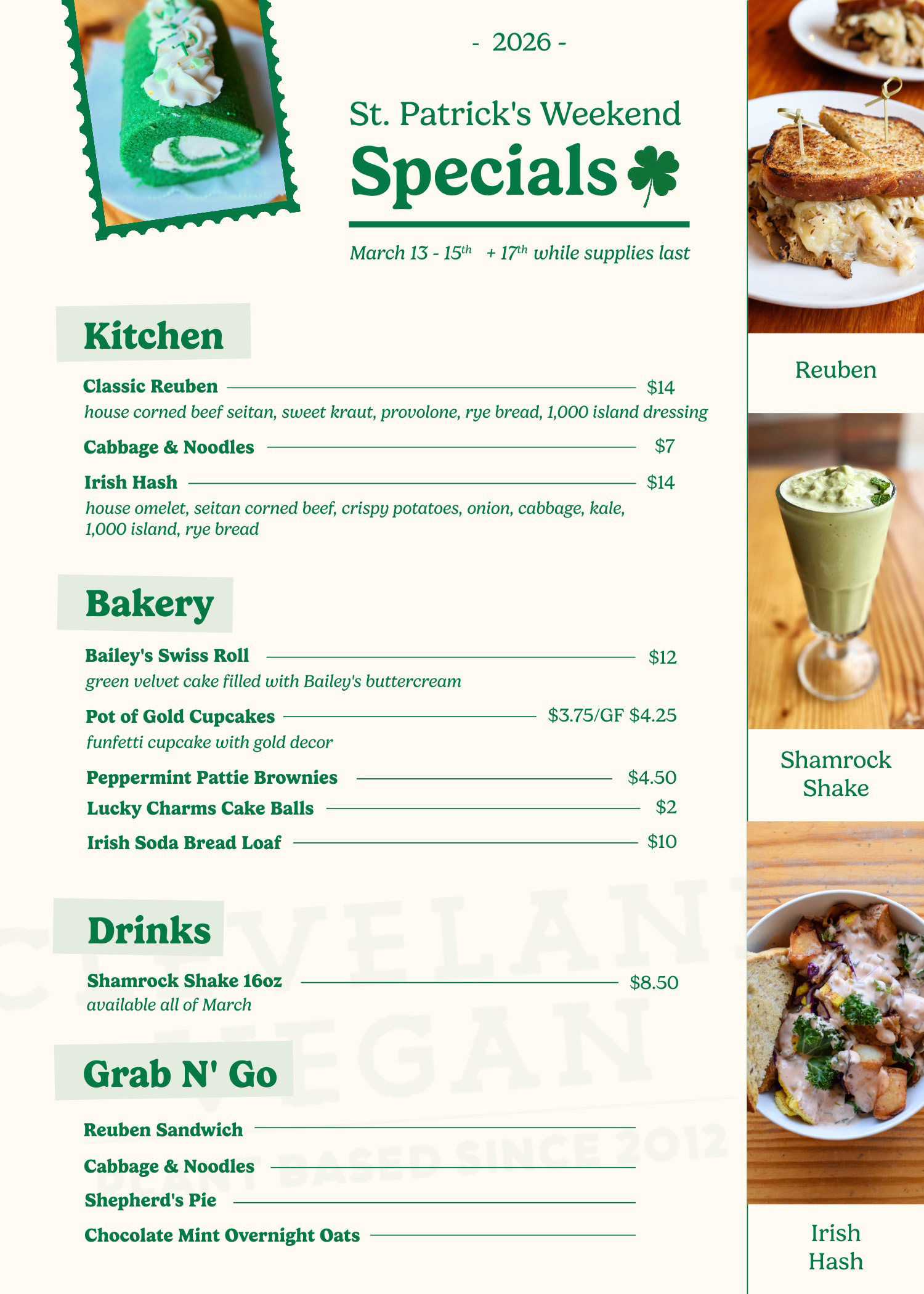Cleveland Vegan St. Patrick's Day 2026 Specials Menu - Kitchen, Bakery, Drinks & Grab N Go